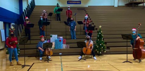 Chamber Orchestra during their socially distanced holiday rehearsal (via @WHSOrchestra214 on Twitter)